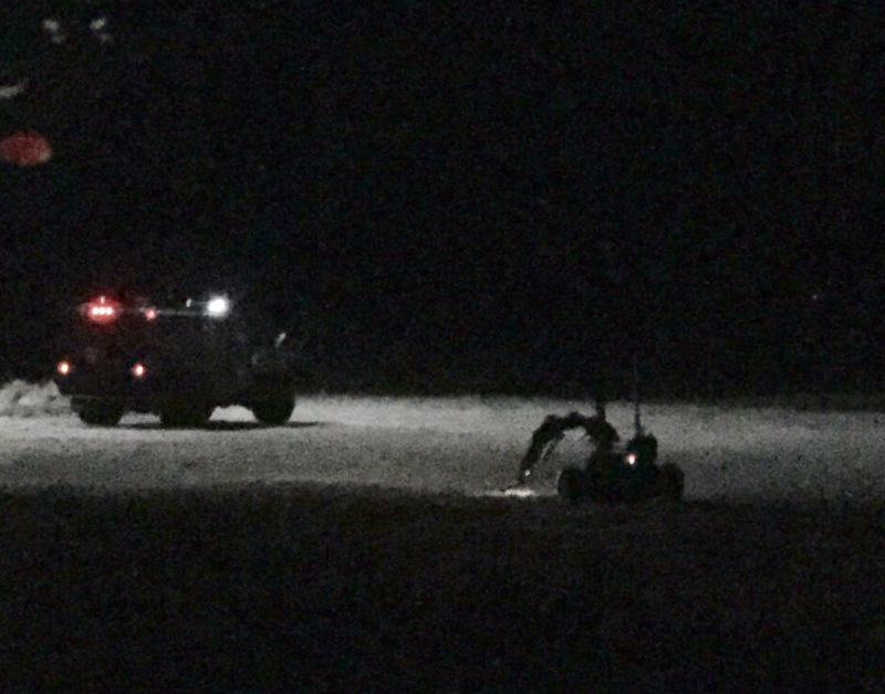 The robot used by the LA Sheriff’s Department to snatch a gun from a suspect last week, as it was seen on that night (LA Sheriff’s Department)